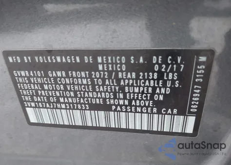 2017 Volkswagen Jetta 1.4T S z USA, uszkodzony, nr VIN 3VW167AJ7HM317833